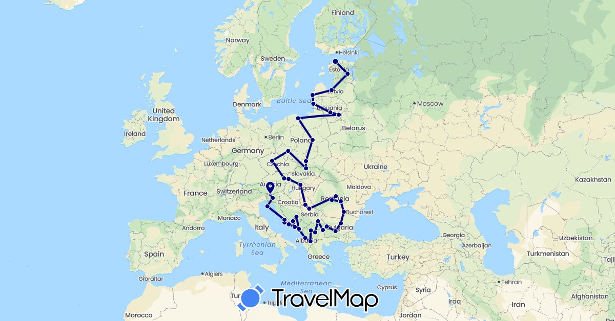 TravelMap itinerary: driving in Albania, Austria, Bosnia and Herzegovina, Bulgaria, Czech Republic, Estonia, Croatia, Hungary, Lithuania, Latvia, Montenegro, Macedonia, Poland, Romania, Serbia, Slovenia, Slovakia, Kosovo (Europe)